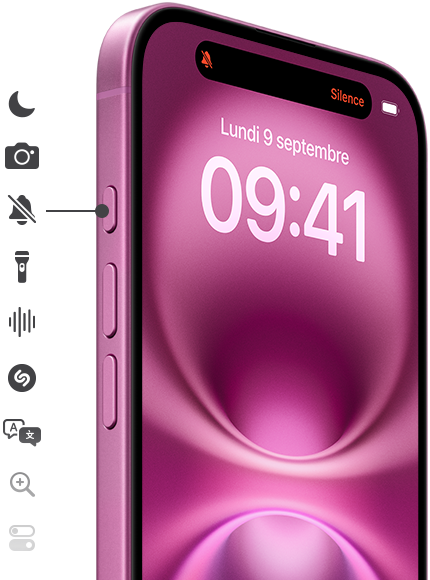 Appuyez longuement sur le bouton Action pour activer la fonctionnalité de votre choix: mode Concentration, app Appareil photo, mode Silence, Lampe de poche, Dictaphone, Shazam, et plus encore