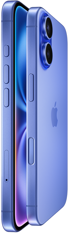 Deux iPhone 16 bleu outremer disposés face à face, vue latérale, boutons de volume, bouton Action, bouton latéral, commande de la caméra, logo Apple au centre, système avancé à deux caméras surélevé